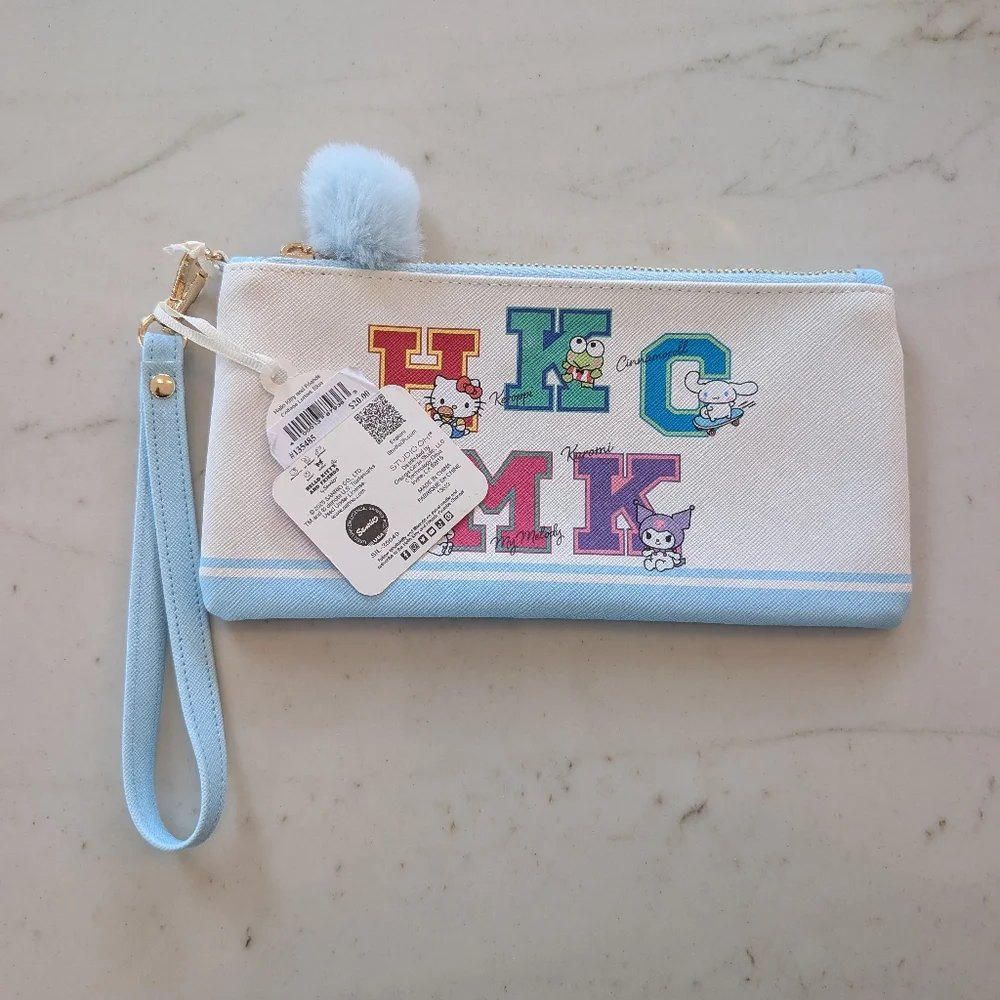 Hello Kitty White And Light Blue, Letter Print Pencil Pouch with Pom Pom